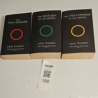 Front covers of the three books featuring the title, author, and colored ring logos representing each part of the series.