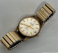 Watch angled on gray surface showing dial, case and band