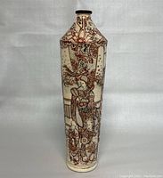Front view of the 12 inch tall Satsuma vase showing traditional Japanese figures in detailed attire with floral patterns above and below.