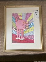 Full framed watercolour painting of a pink cat on a colorful, patterned background.