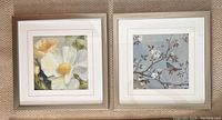 Full view of the two framed watercolour prints showing a floral print and a bird print on flowering branches.