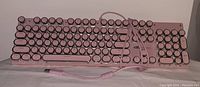 Full view of wired pink mechanical keyboard with 104 round punk typewriter-style keycaps and USB wire