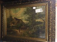 Lithograph showing detailed farm scene including farmhouse, tree, figure, and cow in an ornate frame