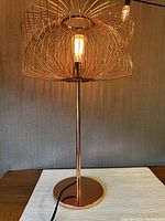 Full view of rose gold table lamp on wooden surface with cage style shade showing overall condition.