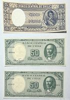 Front sides of 5 pesos and two 50 pesos Chilean banknotes showing portraits and denomination details.