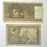 Front and back visible of 10 Franc banknote showing a man with sideburns, partial text Banque de France, signs of wear and creasing.