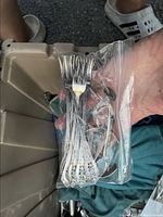 Zip-top bag held by hand containing five ornate forks, one two-prong carving fork and one spreader.