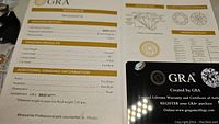 Photo showing GRA grading report stating 3.0 carat weight, D color, VVS1 clarity, excellent cut, polish and symmetry on a round brilliant moissanite. Also shows certification card with GRA branding.