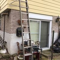 Full view of aluminum extension ladder leaning against a house exterior wall showing its length and step design.