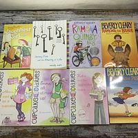 Photo showing the array of 8 young reader books including several Beverly Cleary titles and Cupcake Diaries series.
