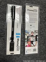 Front and back of the iStabilizer monopod selfie stick package showing product details and usage images.