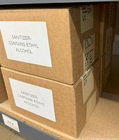 Closed cardboard boxes labeled 'Sanitizer- Contains Ethyl Alcohol', showing packaging for the hand sanitizer bottles.