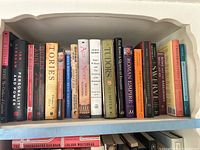 Books on a shelf including titles on European history, Queen Anne, the Tudors, and other monarchs.