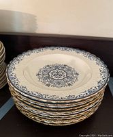 Stack of 11 deep plates showing blue floral intricate design, white base, and gold trim on edges