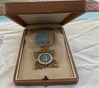 Open tan leatherette case showing medal suspended inside