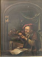 Frontal close-up of painting showing scholar sharpening quill at desk
