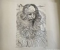 Frontal close-up of the etching showing the bearded figure with ruffled collar