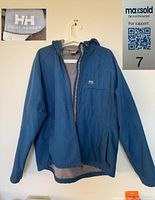 Front view of blue Helly Hansen dry weather jacket, size Large with hood and zip up