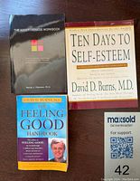 Four self help books: The Assertiveness Workbook, Ten Days to Self-Esteem, The Feeling Good Handbook, and a MaxSold tag.