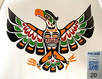 Print of indigenous style eagle with detailed patterns in red, green, black and orange by J. Nelson.
