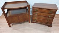 Dark brown wooden lamp table and 4-drawer nightstand shown side by side on floor, showcasing fronts and tops.