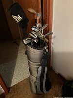 Golf bag standing upright with multiple golf clubs inside, visible wear on the bag and clubs.