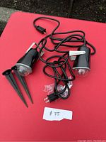 Two Gemmy Fire and Ice display lights with attached power cords and two ground stakes on red surface.