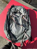Front view of gray and black avalanche rescue backpack with straps and buckles, Black Diamond logo visible.