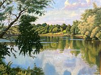Close-up of lake reflection and trees in the painting