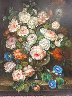 Detail of painting showing white and peach roses in glass vase