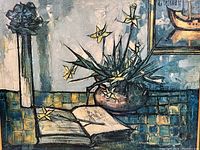 Close-up view of flowers, book and tiled surface showing brushwork and color.