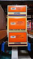 Three stacked Lionel boxes showing model numbers 6-18122, 6-14541, 6-29257 on box ends