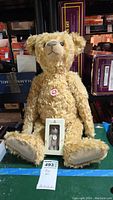 Large curly plush Steiff bear seated with smaller packaged Steiff Club 2005 bear in front