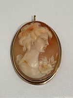 Front view of oval shell cameo in gold frame