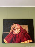 Full view of oil painting showing woman in red dress leaning on wooden chair back