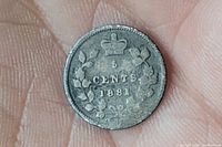 Close-up image of the 1881 Canadian 5 cent silver tone coin held in a palm, showing design details and wear.