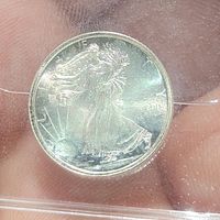 Obverse side of the silver coin showing Walking Liberty design with detailed figure and inscriptions.