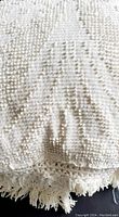 Close-up showing white chenille fabric with popcorn raised dot texture and floral patterns, as well as fringe detailing.