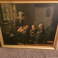 Full view of framed painting showing a mother and three children in a dimly lit room.