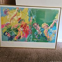 Framed colorful abstract LeRoy Neiman golf painting showing multiple golfers in action, vibrant colors and white framed