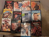 Photo showing 12 DVD cases arranged in 4 rows of 3, depicting titles like Coyote Ugly, Click, Braveheart, Curious George, and more.