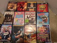 Photo showing 12 DVD covers arranged in rows, including movies 'The Time Machine' and 'Spider-Man', and TV series 'Family Feud 3rd Edition'.