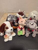 Front view of six Coca Cola plush animals arranged together showing variety of dog breeds and a kangaroo, all featuring Coca Cola tags and collars.