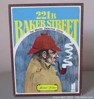 Front cover of the 221B Baker Street Master Detective Game box showing Sherlock Holmes illustration with pipe and deerstalker hat in vintage style.