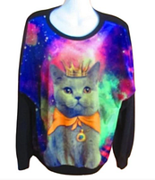 Full front view of long sleeved top with galaxy background and crowned cat graphic on plush velour panel with black sleeves and back.