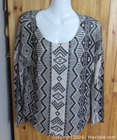 Front view of Ginger G lightweight knit sweater featuring Aztec pattern in grey and cream.