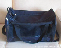 Front and side mesh panels of the black canvas pet carrier showing the rectangular shape and handles.