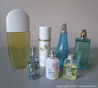 Photo showing all seven fragrance bottles together including Elizabeth Arden Sunflowers, Nina Ricci L'Air du Temps, Davidoff Cool Water, Cynthia Rowley, Liz Claiborne Curve, The Body Shop White Musk Blush and Cassis Rose Perfume Oil bottles.