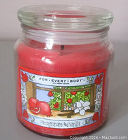 Clear glass jar candle with red soy wax inside, labeled 'FOR EVERY BODY soy based candle' with illustration of pomegranates and vanilla.