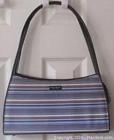 Full front view of handbag showing striped canvas exterior and black leather handles.